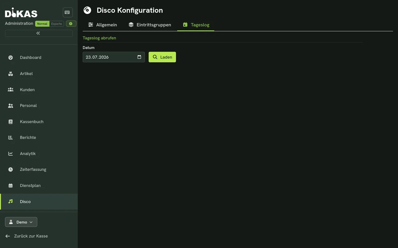 Disco Tageslog mit Statistiken