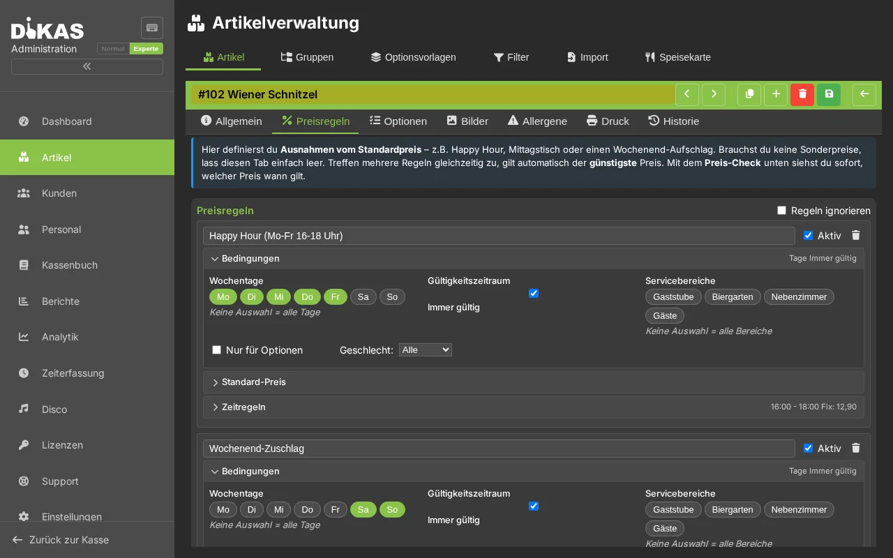 Einmal als Preisregel hinterlegt, zahlen Mitarbeiter automatisch ihren bezuschussten Preis, Gäste den regulären – niemand rechnet an der Kasse.