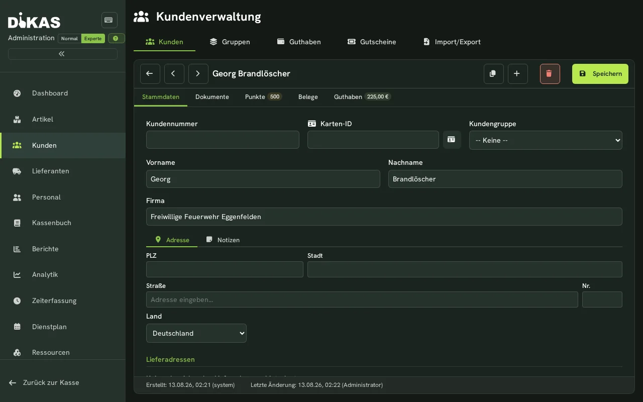 Kundendetail eines Veranstalters mit Firmen- und Rechnungsdaten