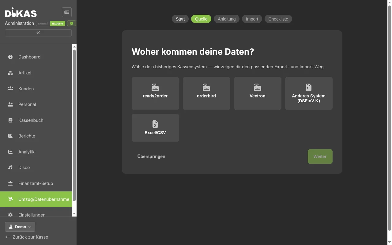 DiKAS Umzugs-Assistent: Altsystem als Quelle für die Datenübernahme wählen