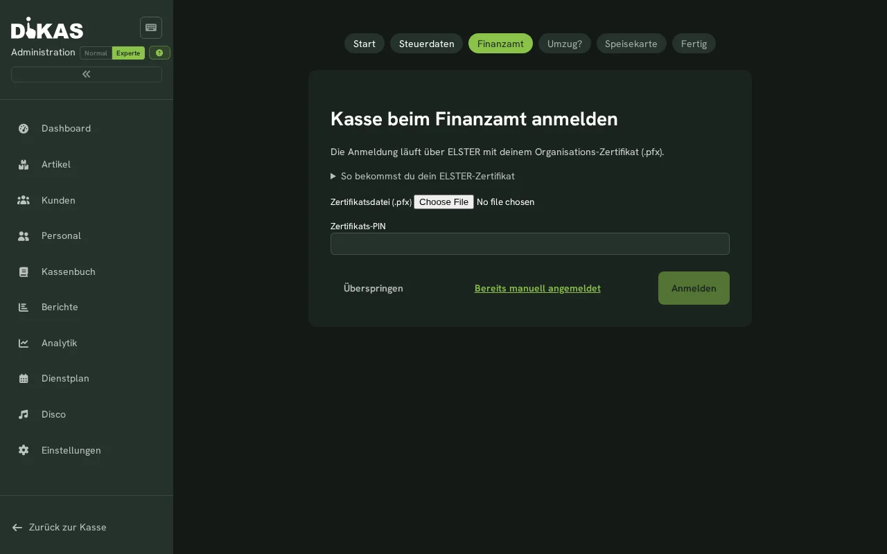 Finanzamt-Schritt im DiKAS-Einrichtungsassistenten