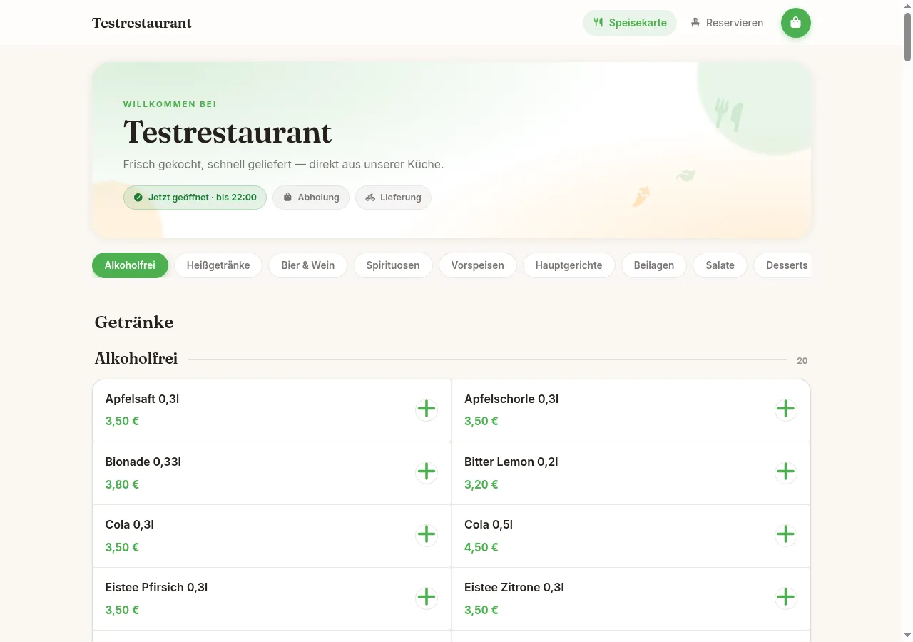 Der eigene DiKAS Online-Shop: Speisekarte mit Bildern, Status-Chips und Bestellung zur Abholung oder Lieferung