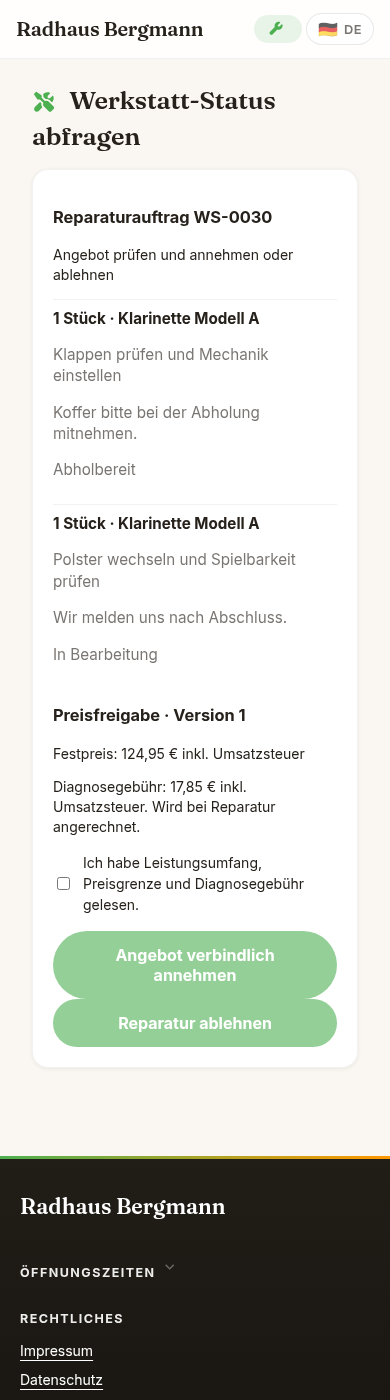 Mobile Kundenansicht mit zwei Klarinetten, Preisfreigabe und Annahme oder Ablehnung des Angebots